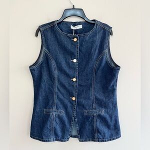 Commense NWT Denim Peplum Button Down Vest, Dark Blue Indigo, XL